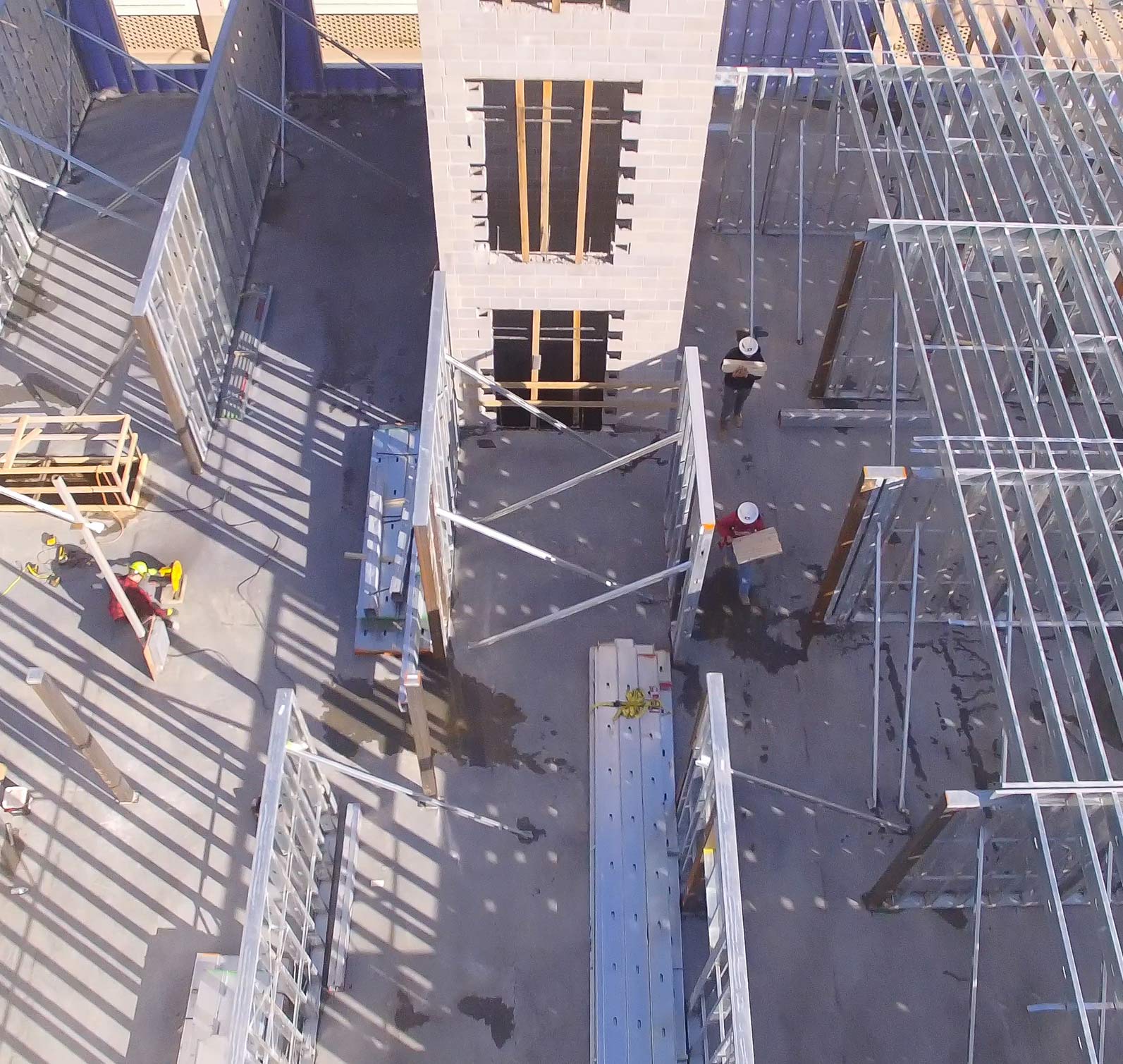 Aerial view of metal panels on the vantage rooftop lounge